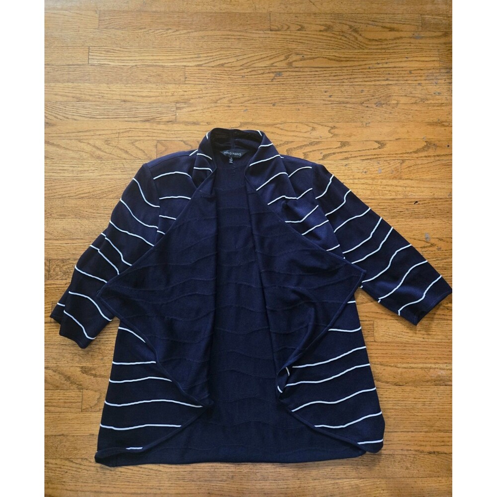 Ming Wang Womens Navy Blue Striped Open Front Cardigan Sweater Size Large